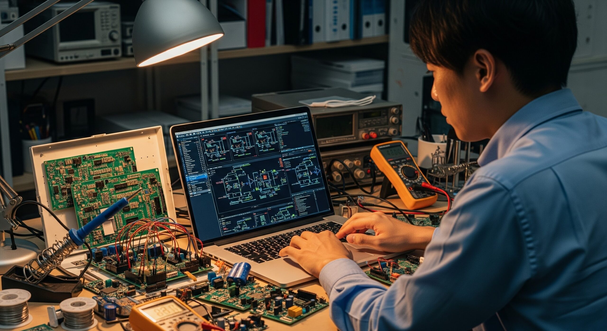 イメージ画像。HP Dragonfly Pro と電子工作用の計測器が並ぶエンジニアのデスク。