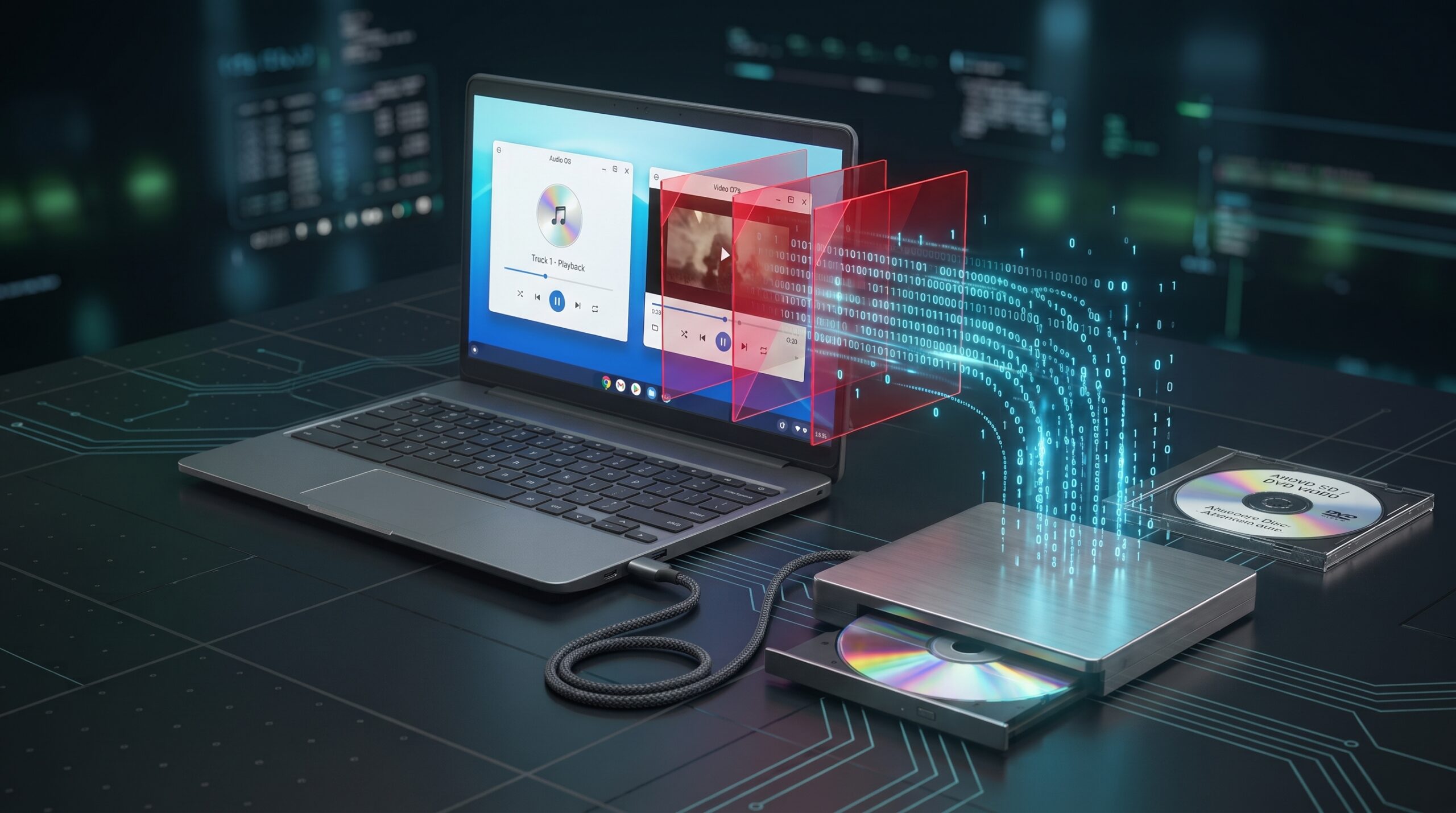 外付け光学ドライブから低レイヤー経由でデータがストリーミングされ、ChromeOS上でCD/DVD再生を実現する技術コンセプトのイメージ図
